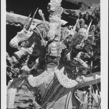 Detail of a statue of the nine-headed demon monster Sso-na-ngv-gu used in a Naxi Dto na k'ö ceremony performed in the courtyard of Joseph Rock's house Undated