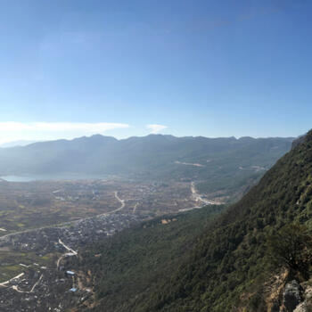 View from the north ridge with the double summits of Saddle Mountain visible and Wenbi Reservoir at center left