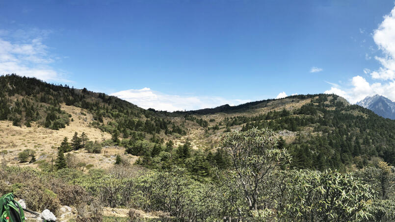 East Meadow (left), summit meadow and summit ridge of Wenhai Mountain (right), Jade Dragon Snow Mountain (far right)