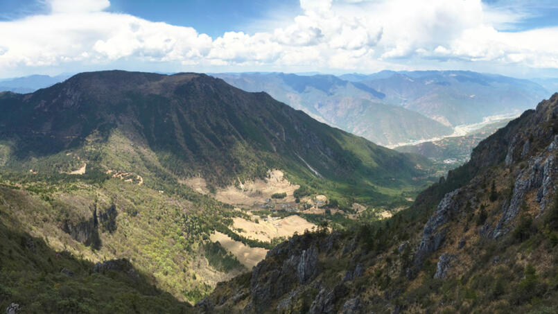 View of Jinsha River valley north of Wenhai Mountain. Photo taken near summit meadow of Wenhai Mountain