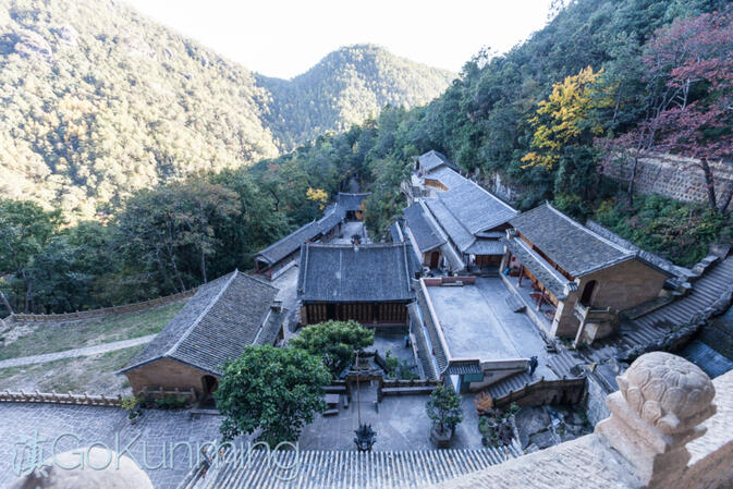 Newly renovated buildings seen from the cliffs above Baoxiang Temple