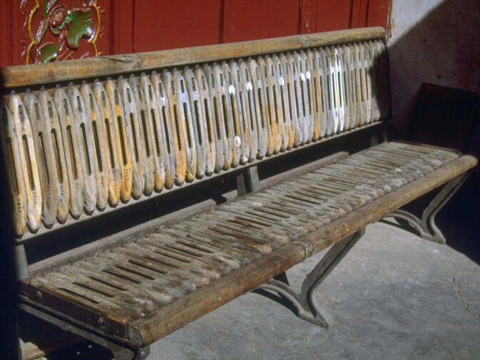Courtyard bench at Zhenjuechan Temple made from weaving shuttles